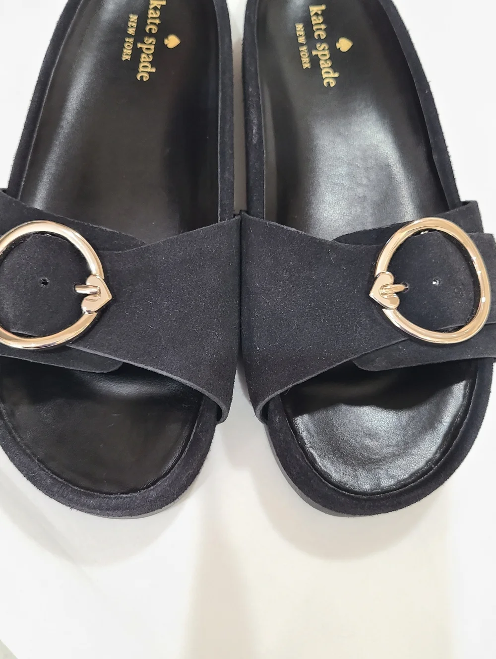 kate spade New York Della Slide Sandals Black Gold Buckle Size 7